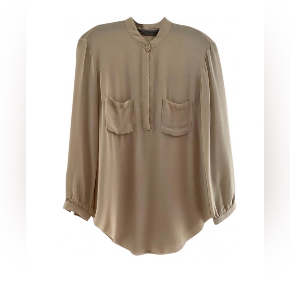 Raquel Allegra 100% Silk Blouse – Made in USA – Neutral Beige
